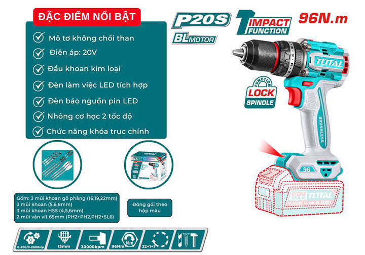20V Máy khoan búa dùng pin 96Nm (chỉ thân máy) Total TIDLI209681