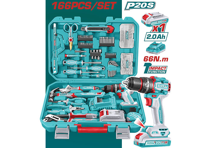 Bộ đồ nghề có máy khoan búa dùng pin 166 chi tiết Total THKTHP41667