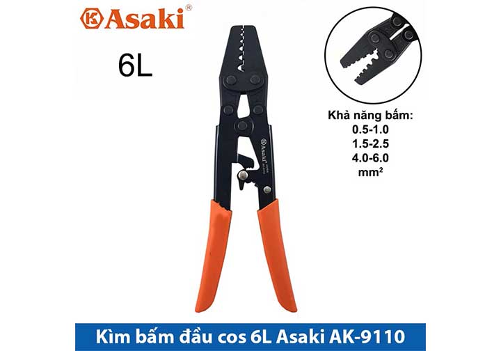 0.5-6mm2 Kìm bấm cos 6L Asaki AK-9110 0.5-6mm2 Kìm bấm cos 6L Asaki AK-9110