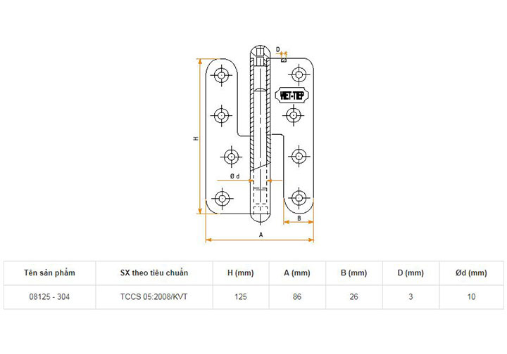 128x86x3mm Bản lề cửa inox 304 Việt Tiệp 08125-304 128x86x3mm Bản lề cửa inox 304 Việt Tiệp 08125-304
