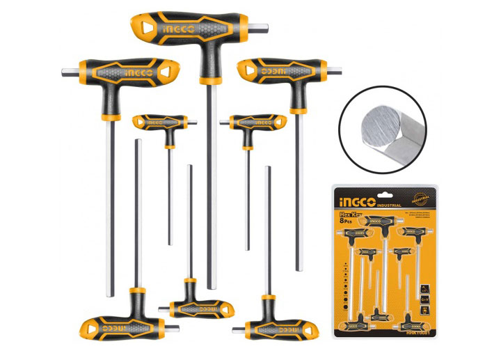 2-10mm Bộ 8 chìa lục giác tay cầm chữ T đầu bằng INGCO HHKT8081 2-10mm Bộ 8 chìa lục giác tay cầm chữ T đầu bằng INGCO HHKT8081