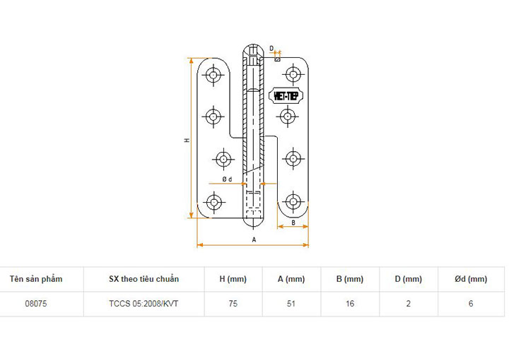 75x51x2mm Bản lề cửa Inox Việt Tiệp 08075 75x51x2mm Bản lề cửa Inox Việt Tiệp 08075