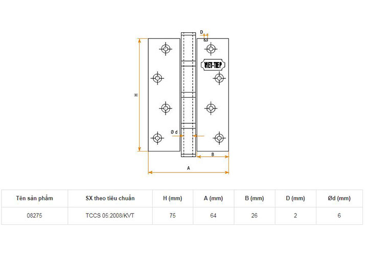 75x64x2mm Bản lề cửa inox Việt Tiệp 08275 75x64x2mm Bản lề cửa inox Việt Tiệp 08275