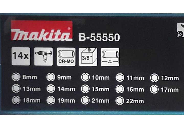 8-22mm Bộ đầu tuýp 3/8" 14 chi tiết Makita B-55550 8-22mm Bộ đầu tuýp 3/8" 14 chi tiết Makita B-55550