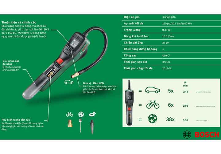 Máy bơm hơi mini dùng pin Easypump Bosch 0603947080 Máy bơm hơi mini dùng pin Easypump Bosch 0603947080